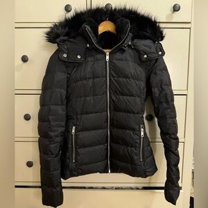 Zara Quilted Black Puffer Coat with Fur Trim